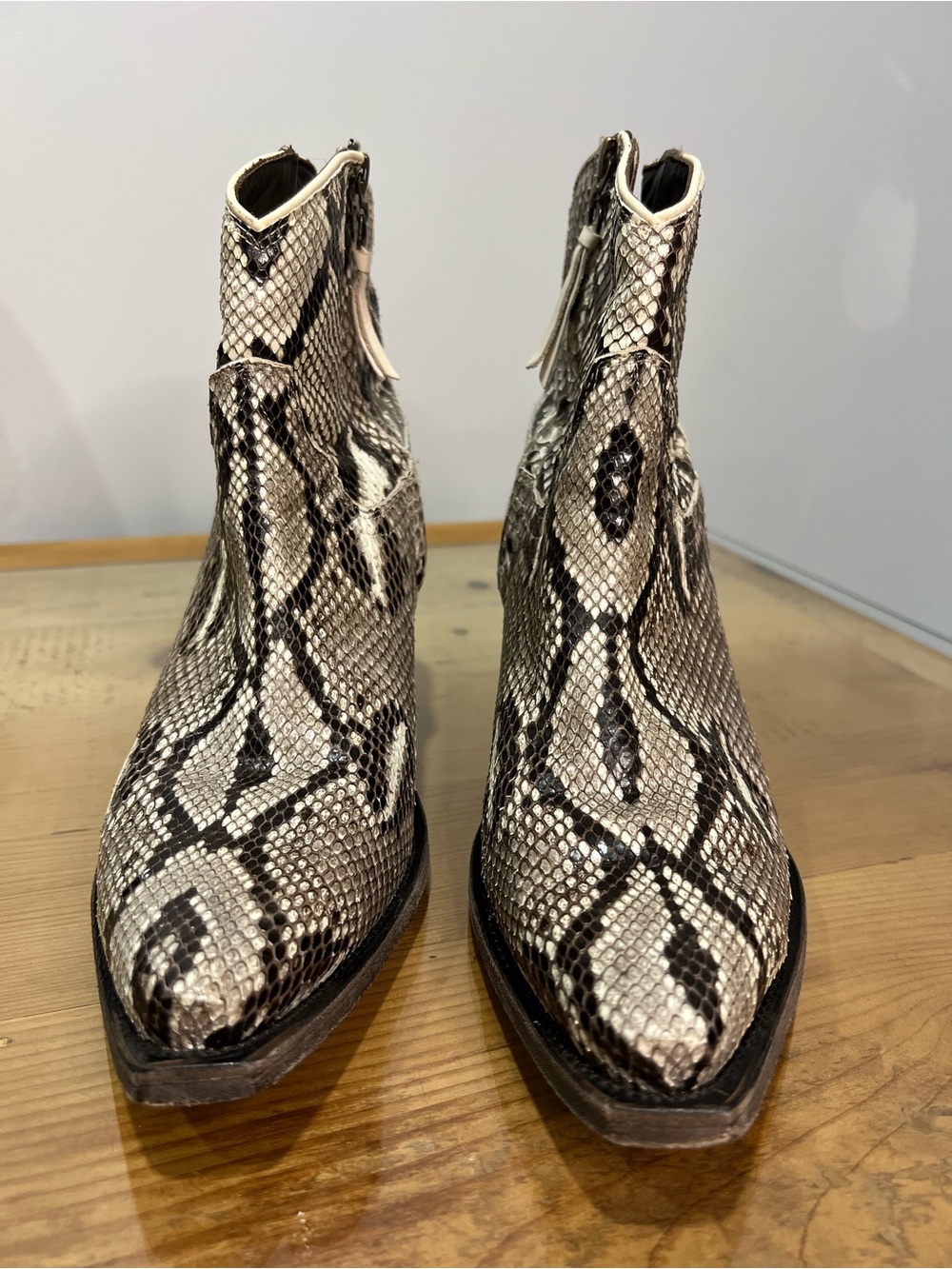 Tecovas Daisy Python Black and Cream Snake-Print Heeled Ankle Boots